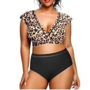 Amazon Leopard Print Bikini Top with Black High-Waist Bottom